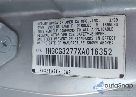 1999 Honda Accord Ex z USA, uszkodzony, nr VIN 1HGCG3277XA016352